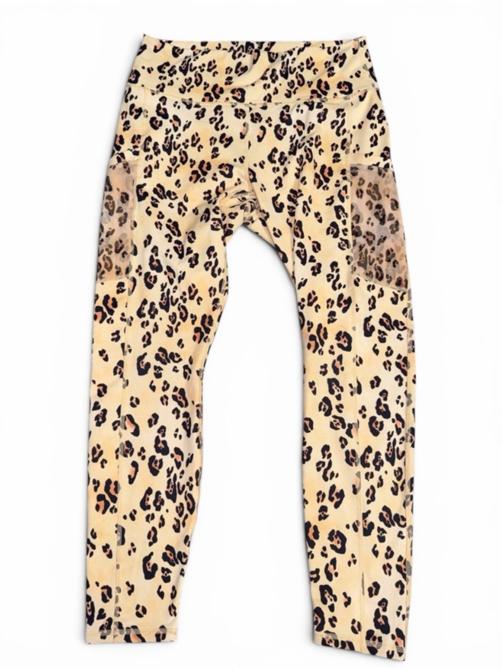 Fabletics PowerHold Leopard Print High Waisted Mesh Pocket Leggings Tan Large